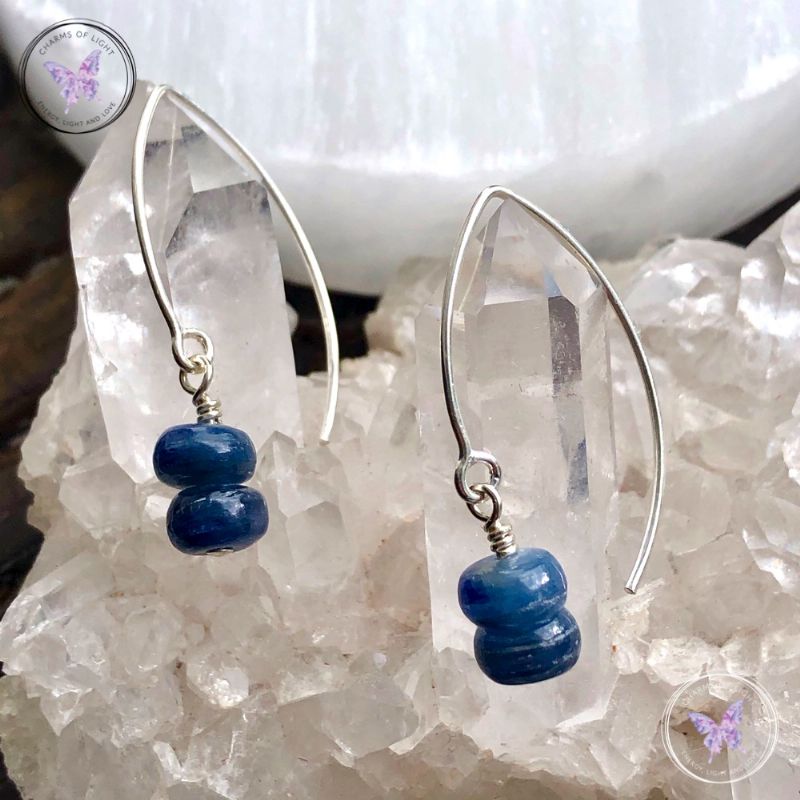 Blue Kyanite Rondelle Silver Angled Earrings